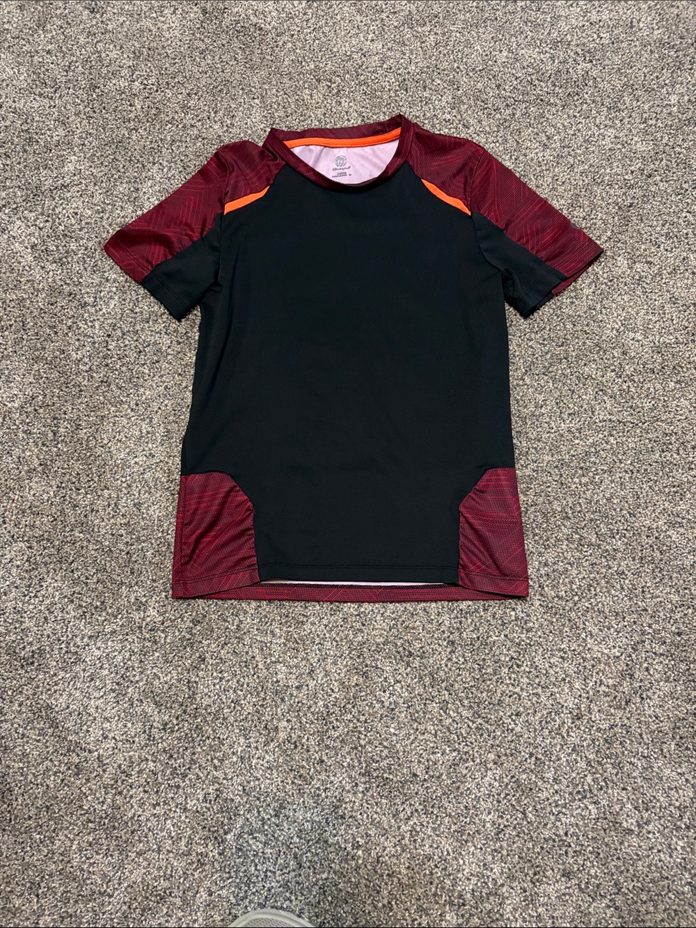 Boys Champion Black Tee with Burgundy Sleeves and Orange Accents Size 8-10